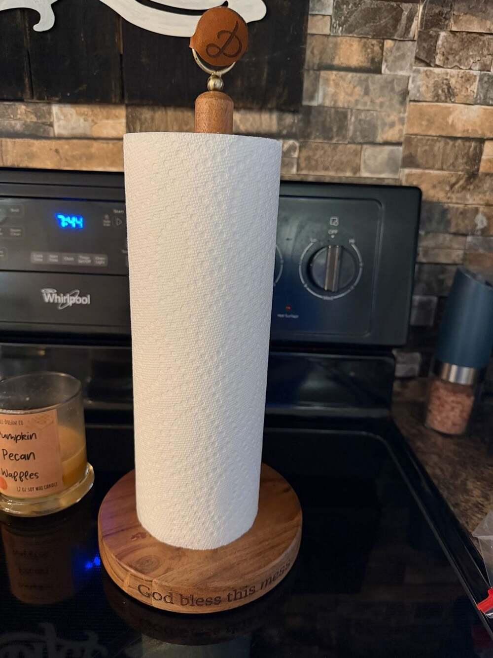 Mary and Martha Rustic Engraved Wooden Paper Towel Holder with God Bless This Me